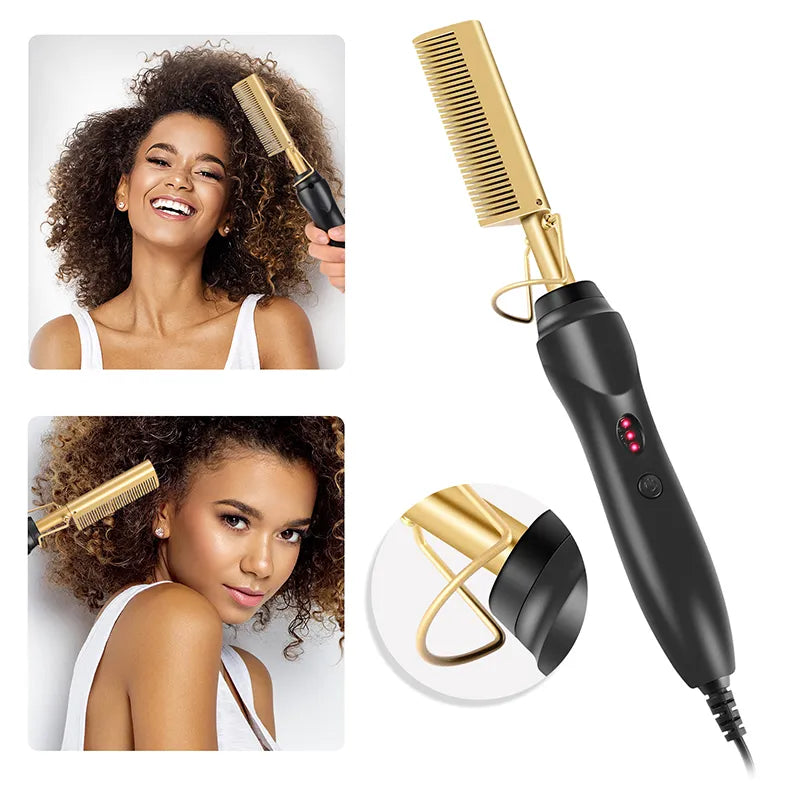 2 in 1 electric hot heating comb for quick and easy hair styling, designed to straighten and smooth hair while reducing frizz. Perfect for all hair types with fast heat-up technology.