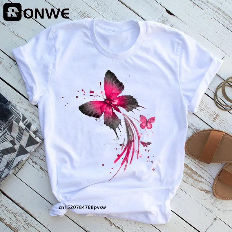 Tree print t-shirt, butterfly round neck