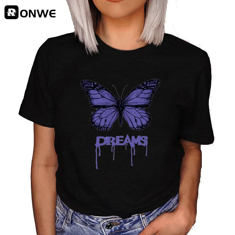 Tree print t-shirt, butterfly round neck