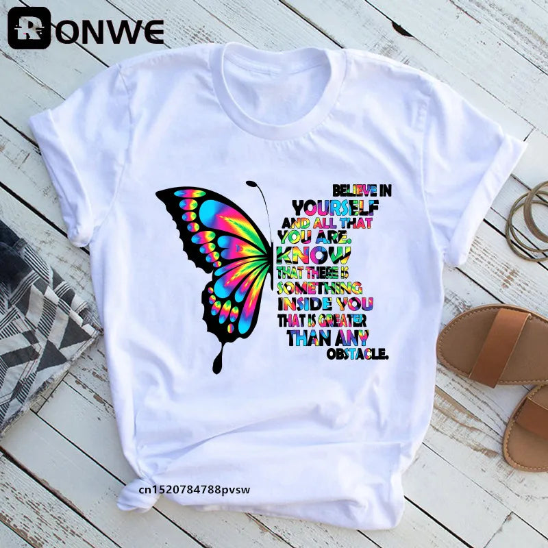 Tree print t-shirt, butterfly round neck