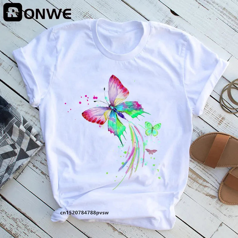 Tree print t-shirt, butterfly round neck