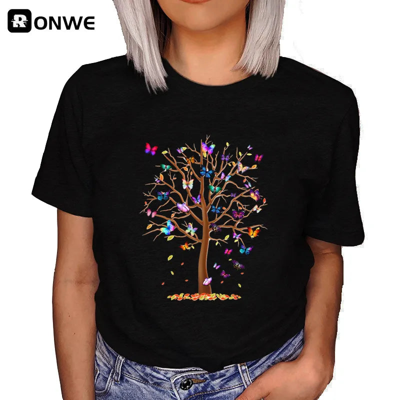 T-shirt imprimé arbre, papillon col rond