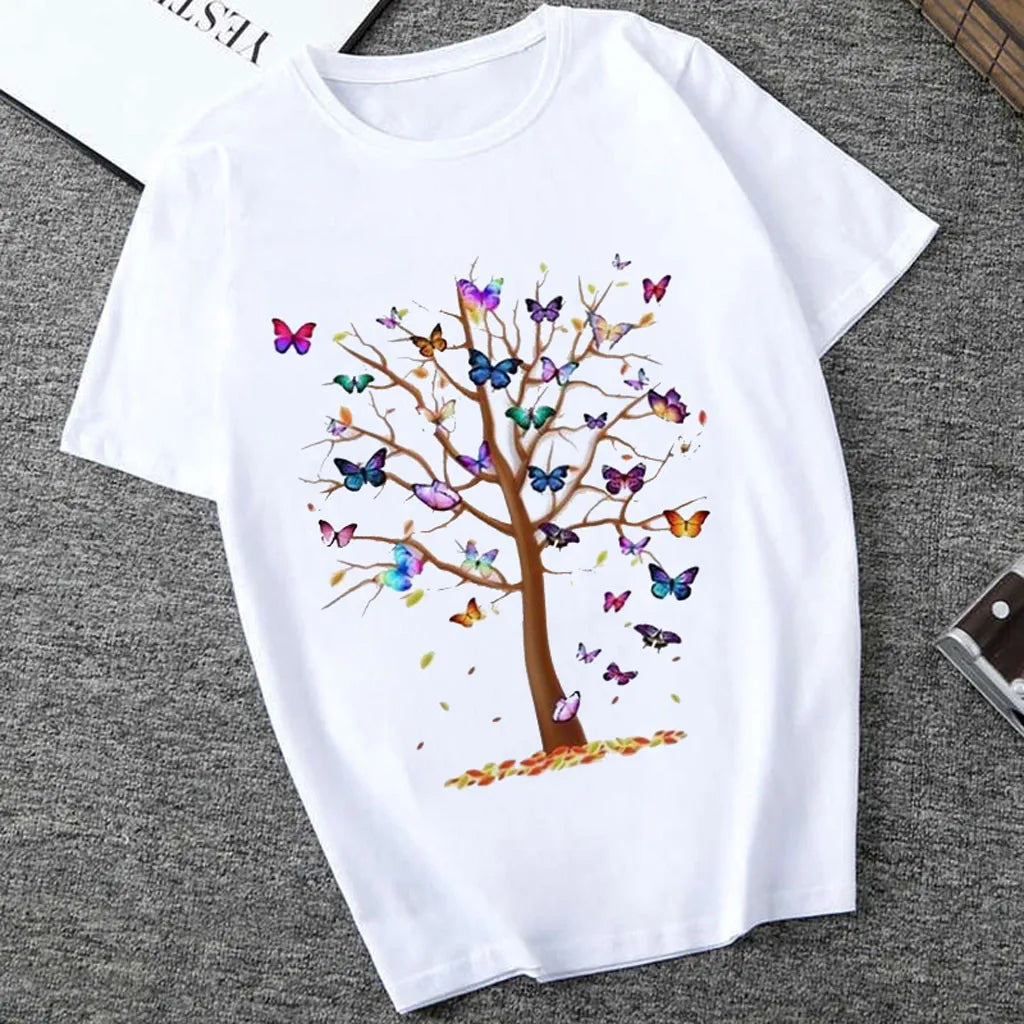 T-shirt imprimé arbre, papillon col rond