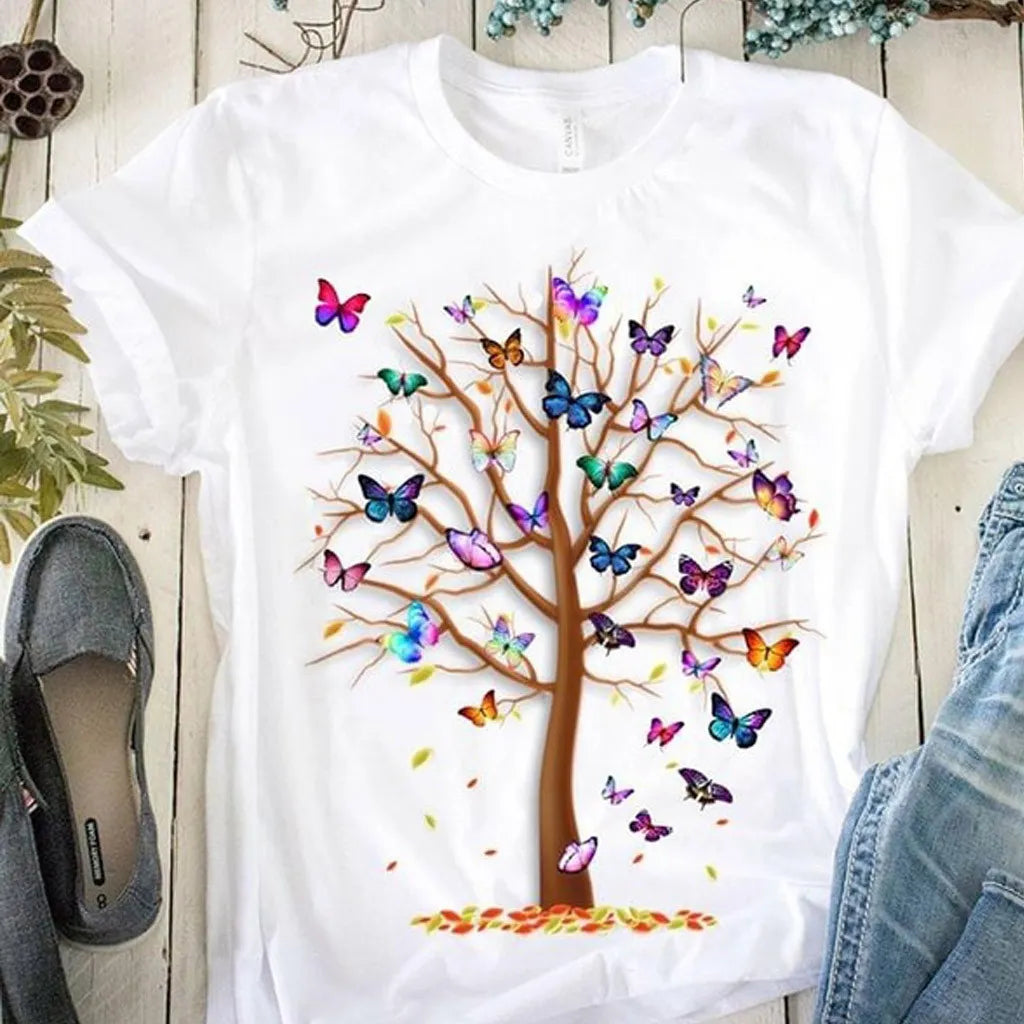 T-shirt imprimé arbre, papillon col rond