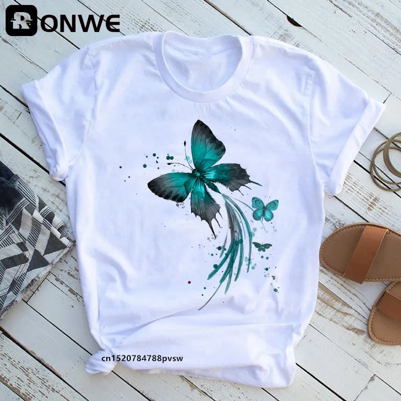 Tree print t-shirt, butterfly round neck