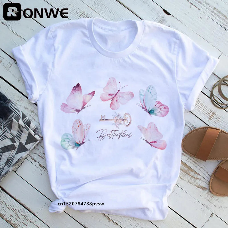 Tree print t-shirt, butterfly round neck