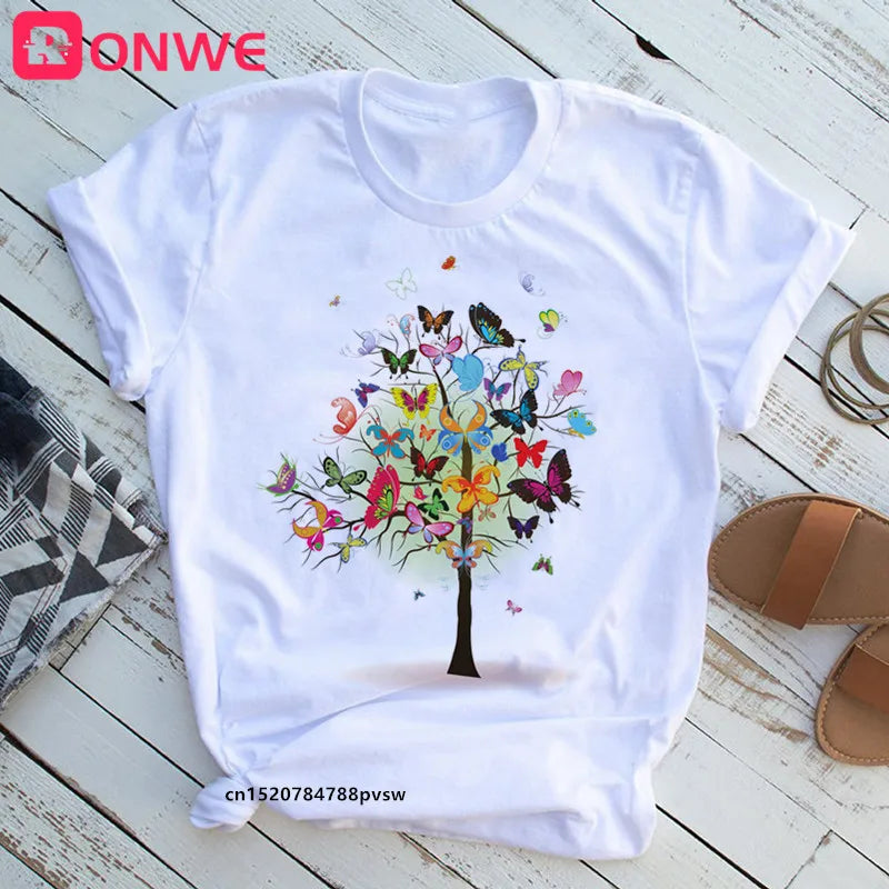 Tree print t-shirt, butterfly round neck