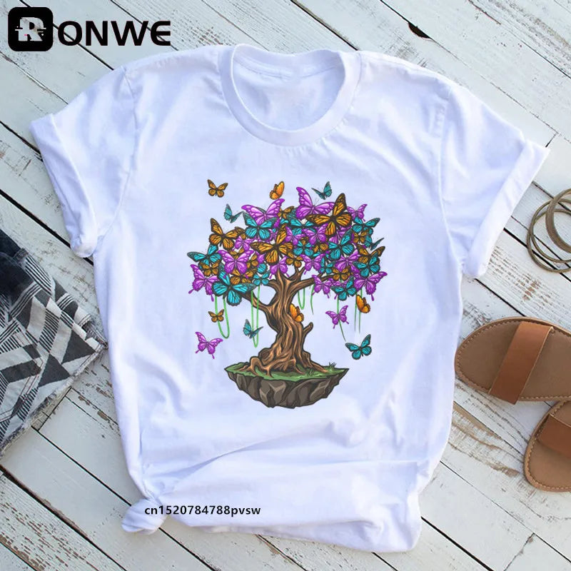 Tree print t-shirt, butterfly round neck