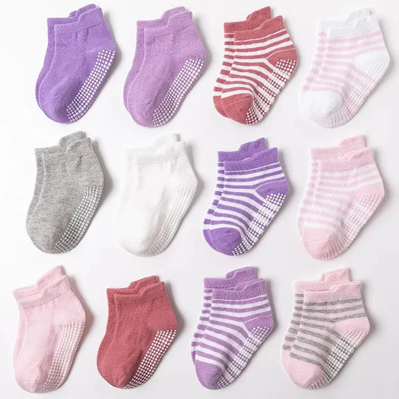 Lot de 6 paires de Chaussettes bateau antidérapantes en coton pour enfants,