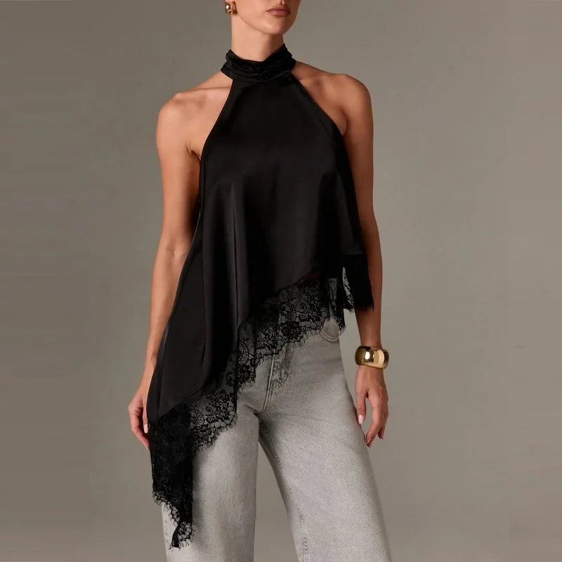 Top Halter à Col Montant Y2K pour Femme en Satin et Dentelle