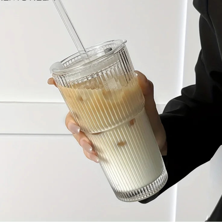 Tasse à Café en Verre Rayé 600 ml avec Couvercle