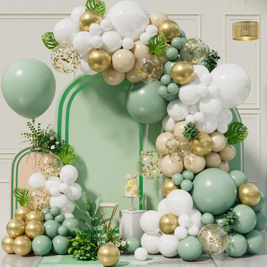 Arche ballon d'anniversaire vert, or et blanc