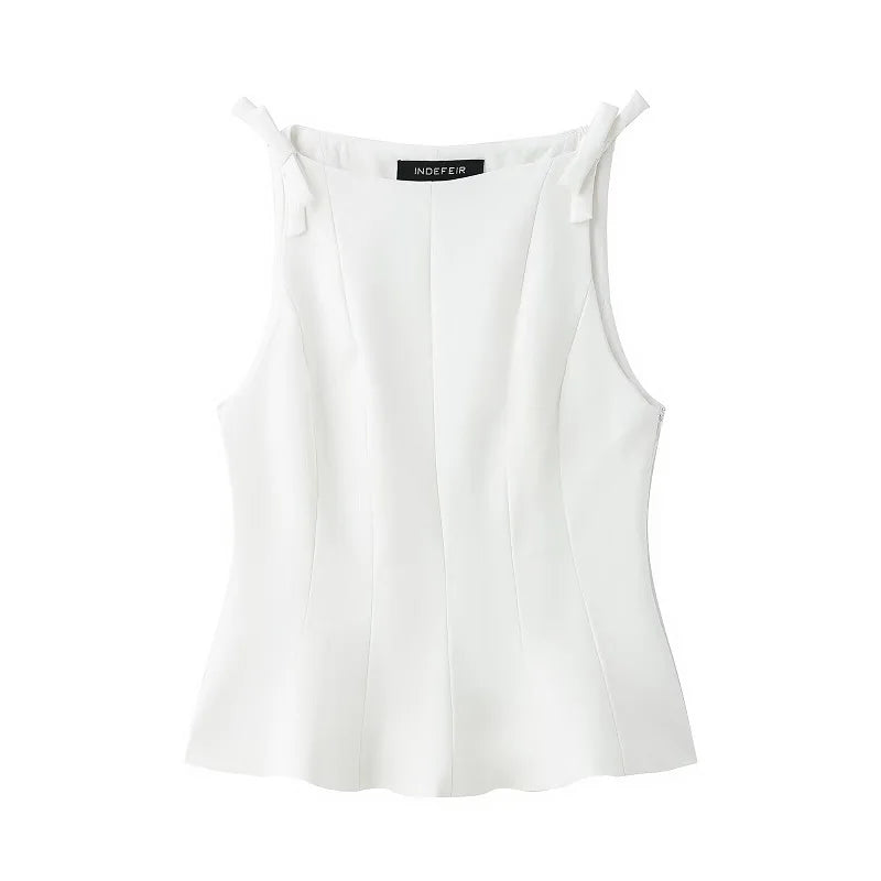 Top Sans Manches avec Nœud Blanc