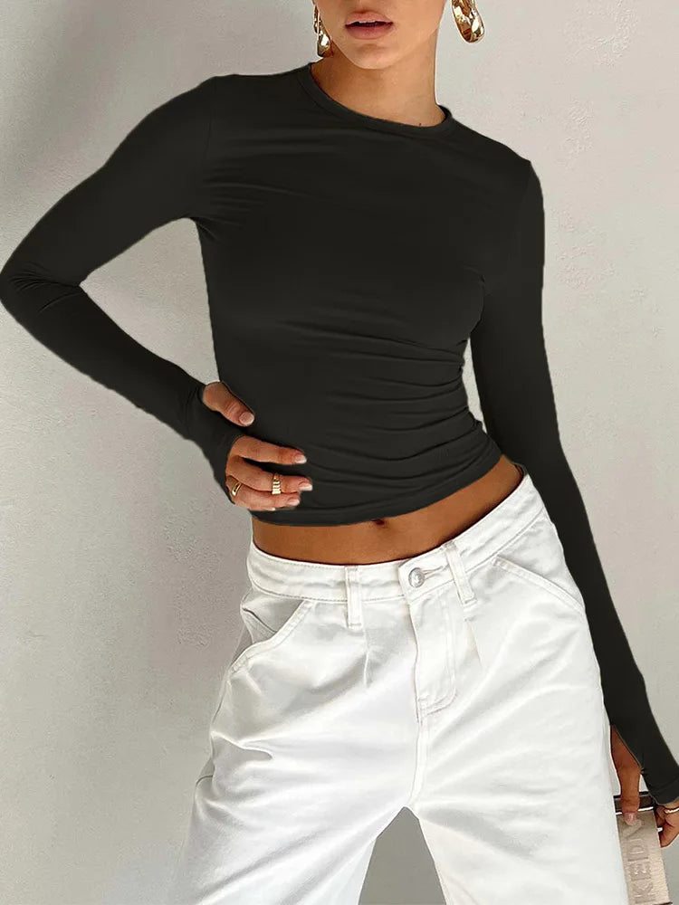 Crop Top Femme Slim Fit à Manches Longues