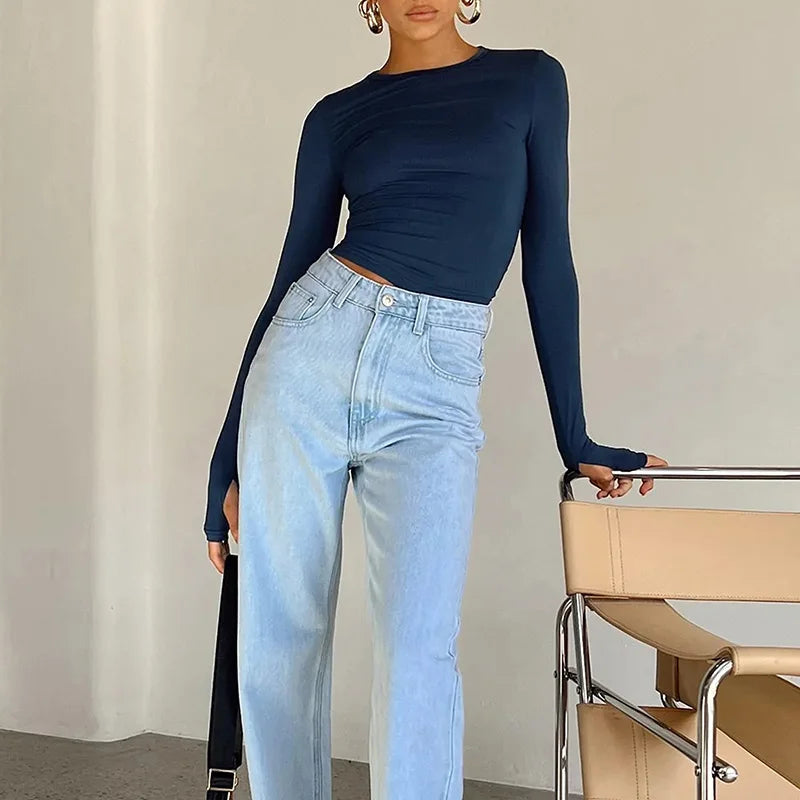 Crop Top Femme Slim Fit à Manches Longues