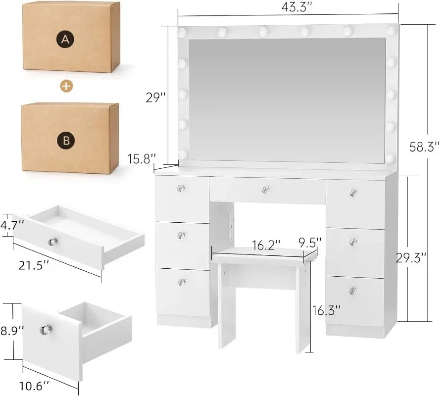 Bureau de maquillage avec prise de courant et 7 tiroirs, miroir avec 3 modes d'éclairage couleur, luminosité réglable