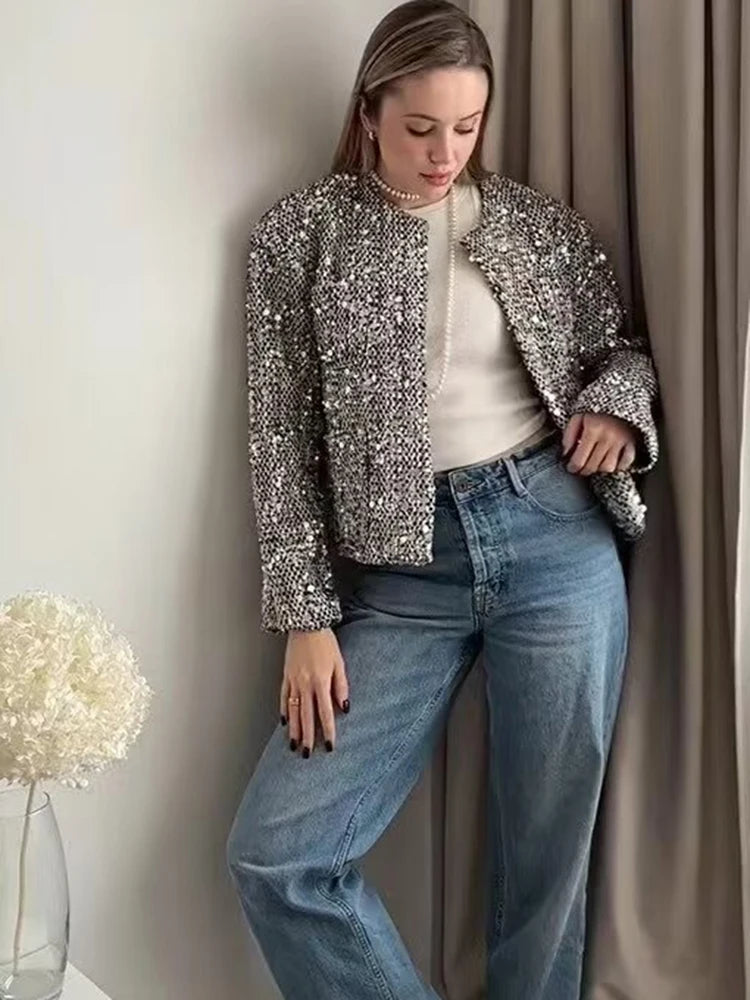 Veste courte chic en sequins argentés pour femmes