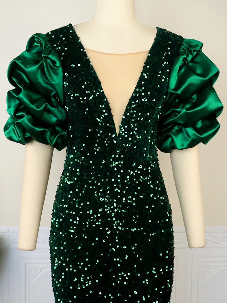 V-neck sequin dress with puff sleeves