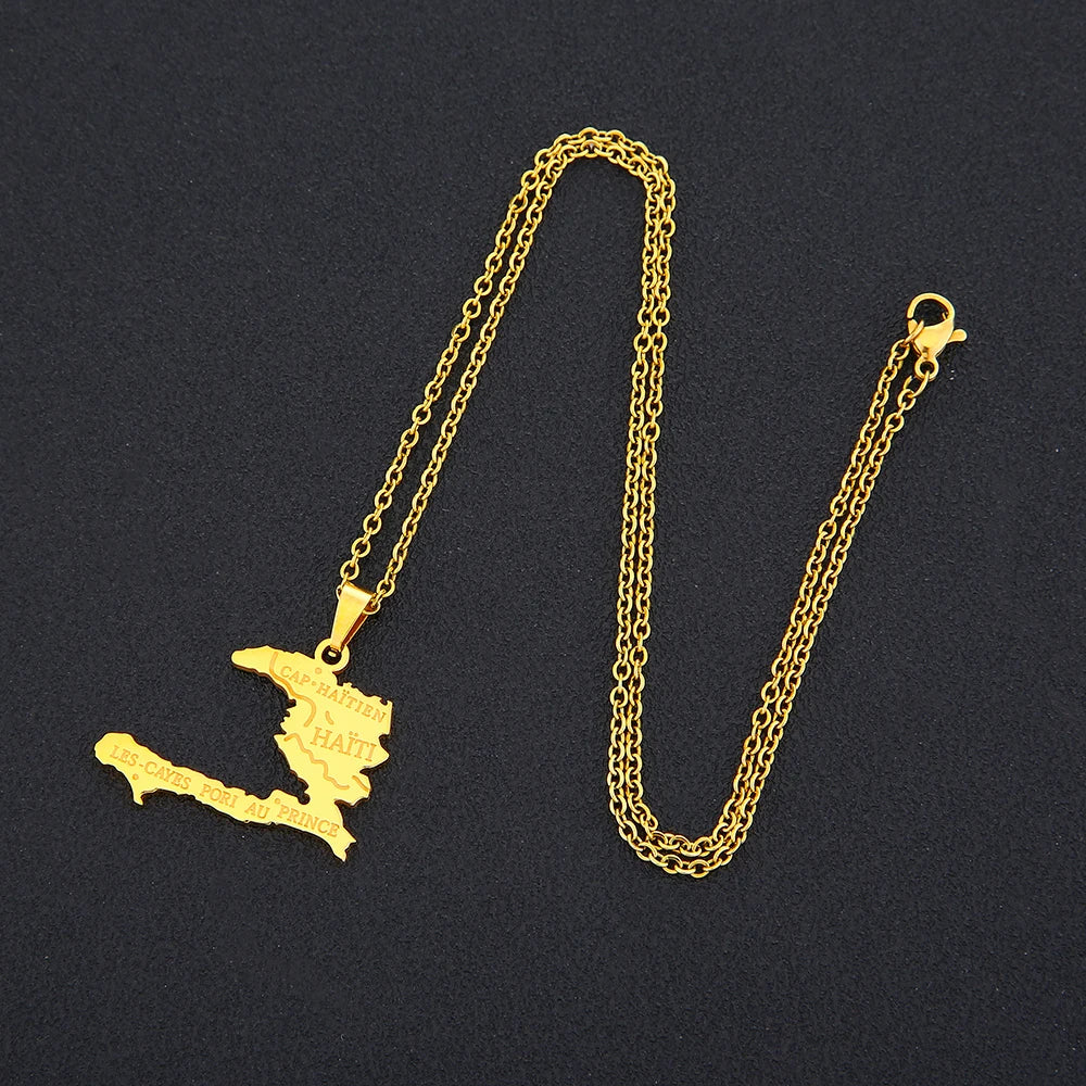Collier Pendentif Carte d’Haïti en Acier Inoxydable