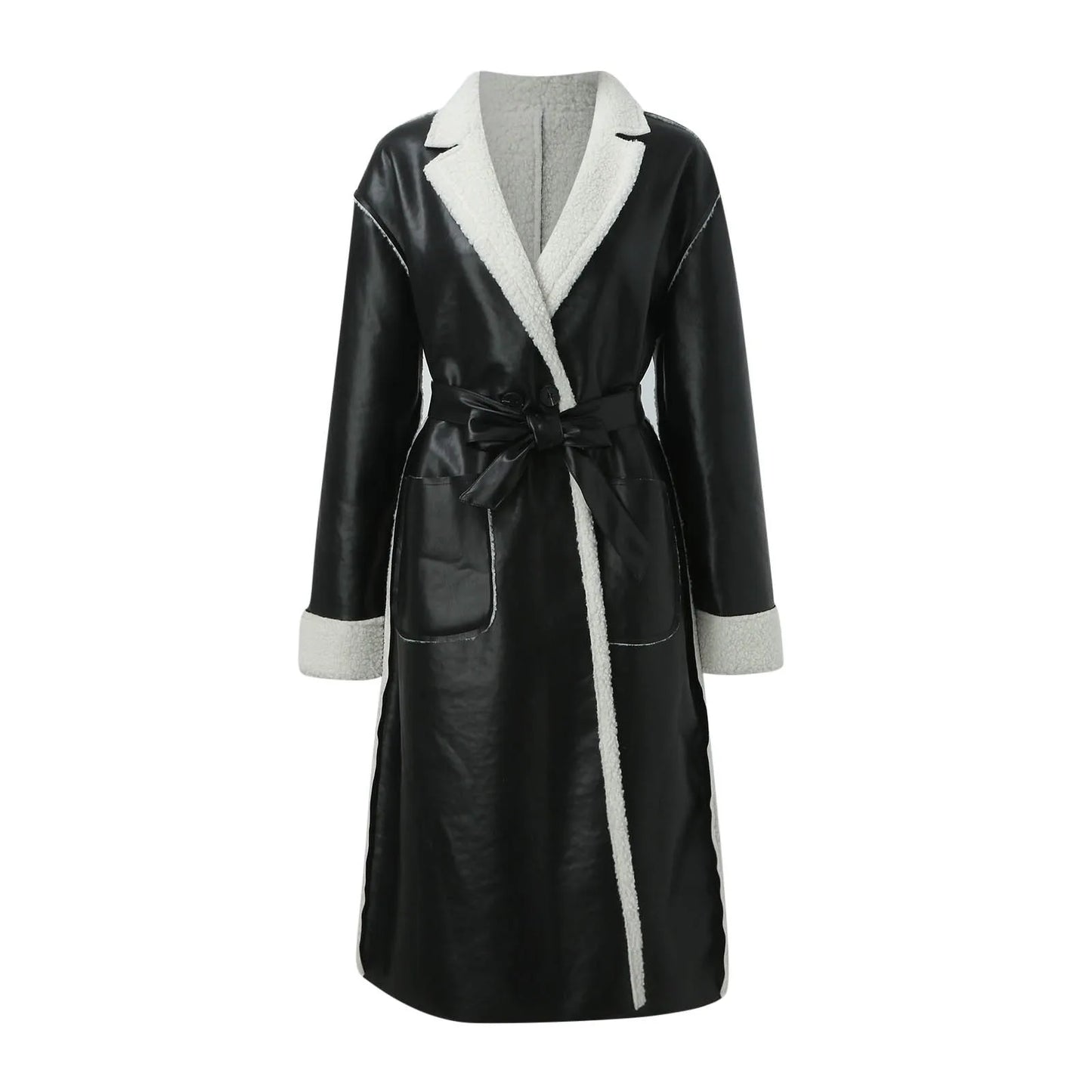 Trench Coat Luxe en Faux Cuir avec Doublure en Peluche pour Femme