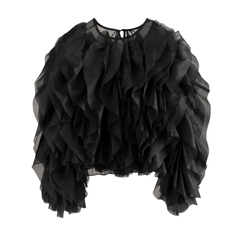 ruffled shirts for women, round neck, lantern sleeves, loose pullover