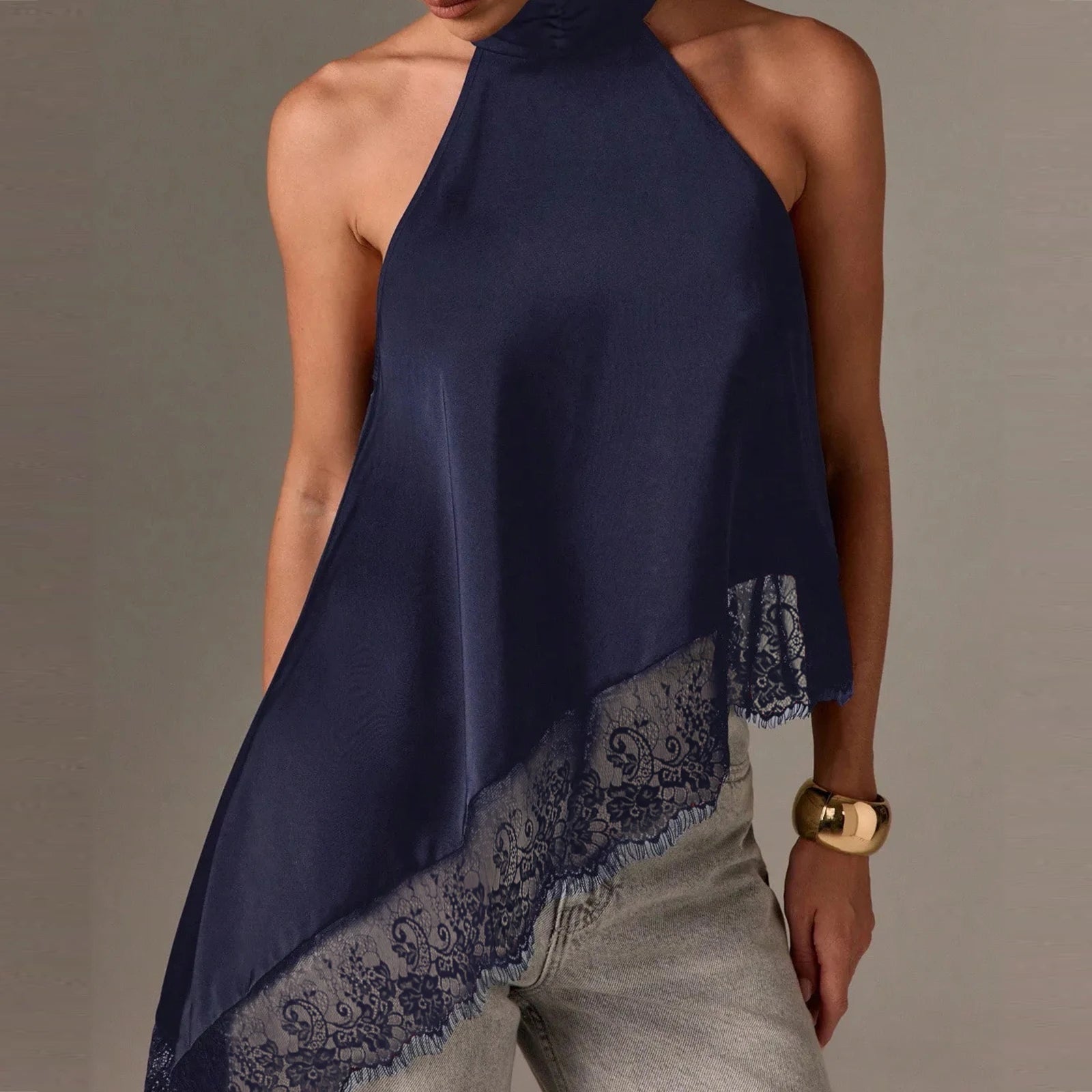 Top Halter à Col Montant Y2K pour Femme en Satin et Dentelle