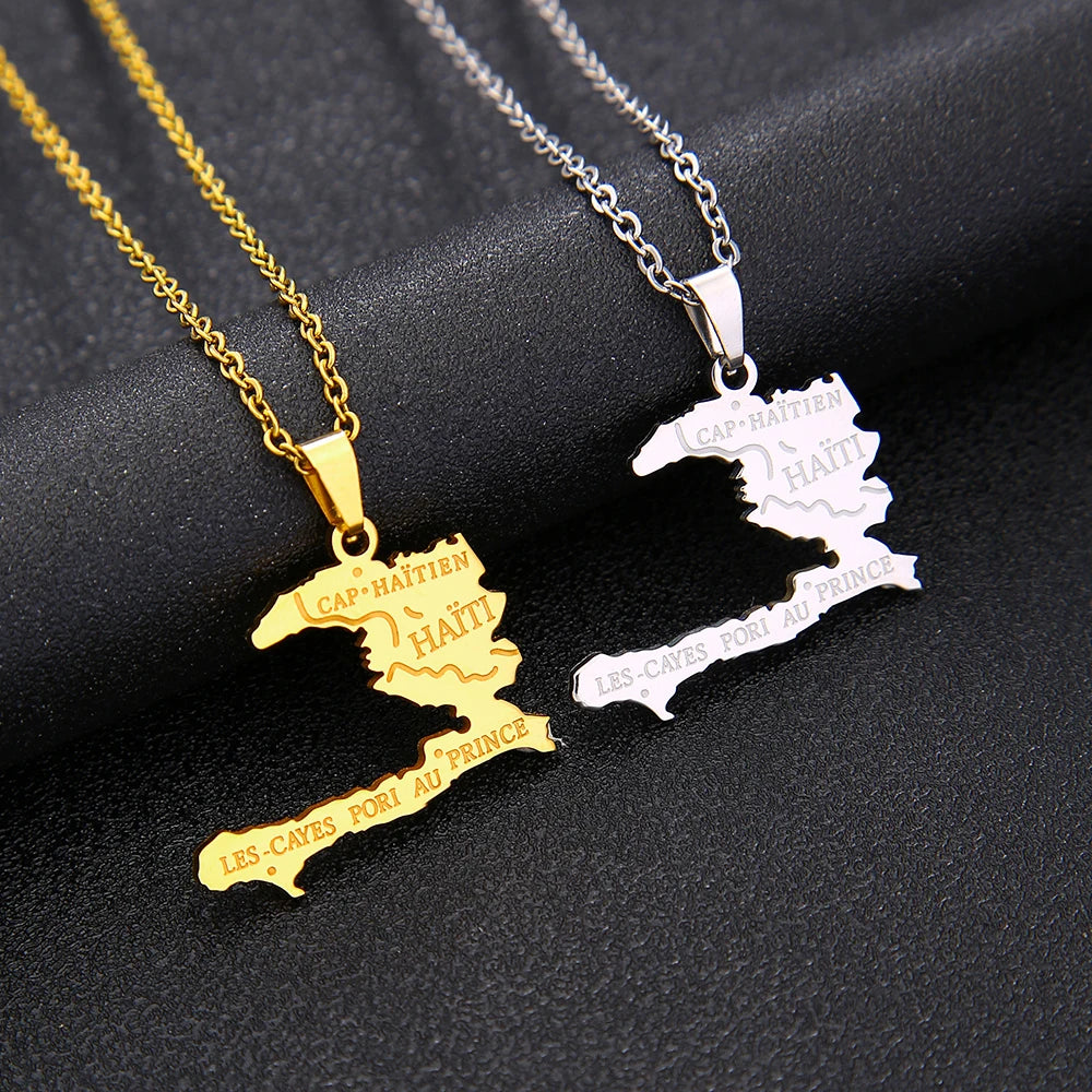 Collier Pendentif Carte d’Haïti en Acier Inoxydable