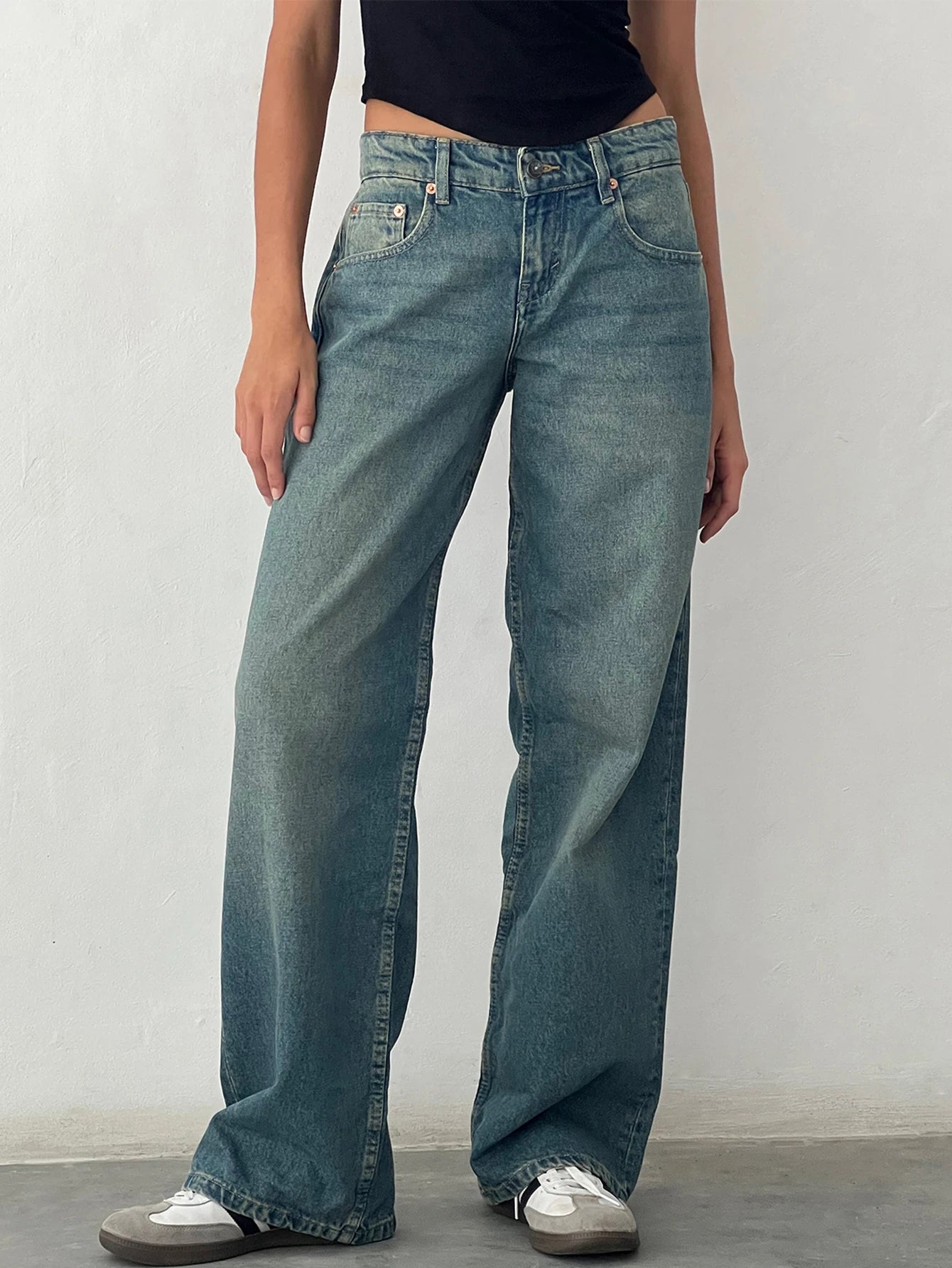 Straight-leg High Waist Jeans Women 2024 New Leg Pockets Pants Y2k Long Denim Trousers Vintage Gray Washed Jeans