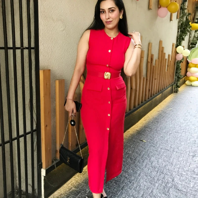 Robe Femme Élégante Sans Manches, Boutonnée avec Ceinture