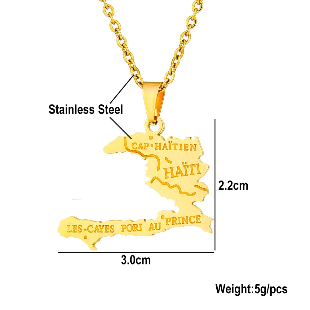 Collier Pendentif Carte d’Haïti en Acier Inoxydable