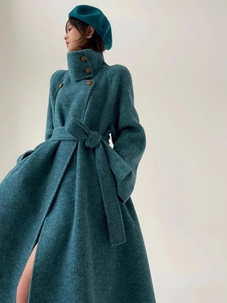 Long Blue Wool Coat with Stand-Up Collar