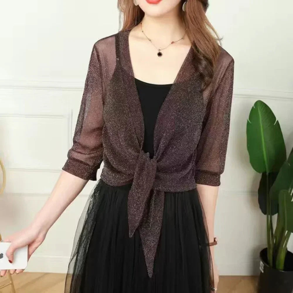 Women's Sheer Sequin Lace Up Cardigan