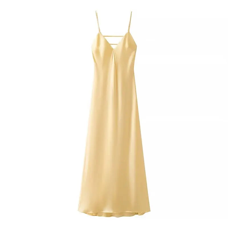 Robe Longue Satinée Jaune Femme