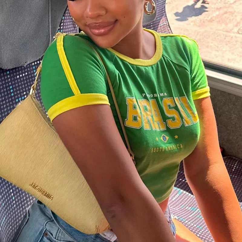 Crop Top Vert avec Imprimé "Brésil"