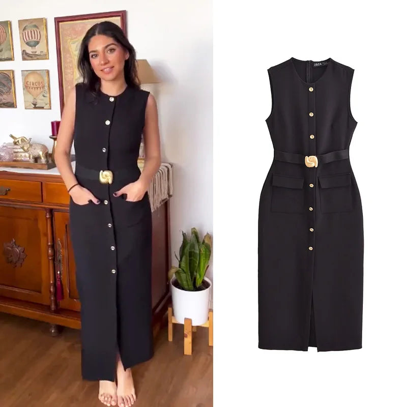 Robe Femme Élégante Sans Manches, Boutonnée avec Ceinture
