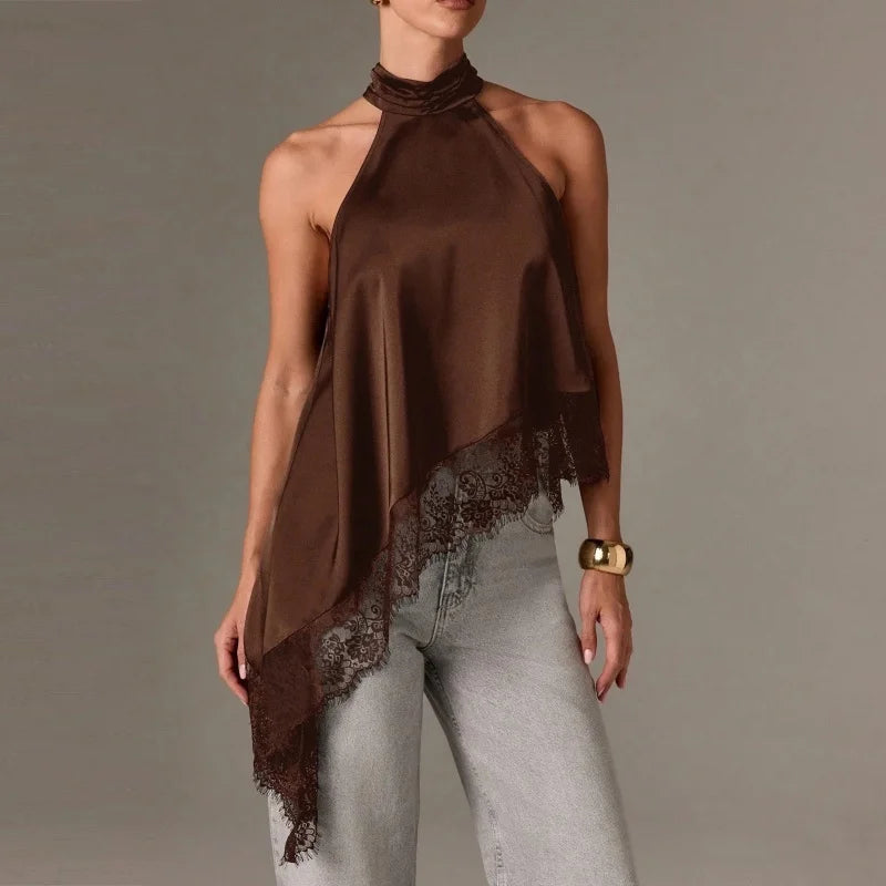 Top Halter à Col Montant Y2K pour Femme en Satin et Dentelle