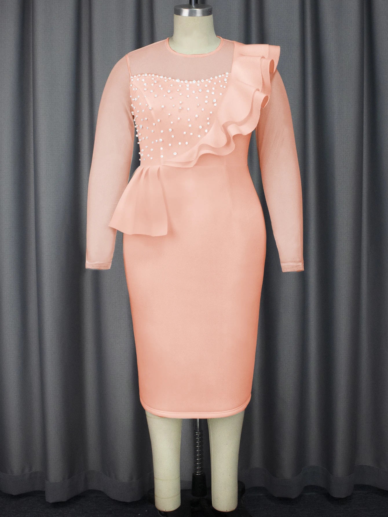 Sheath dress, round neck, transparent mesh, long sleeves