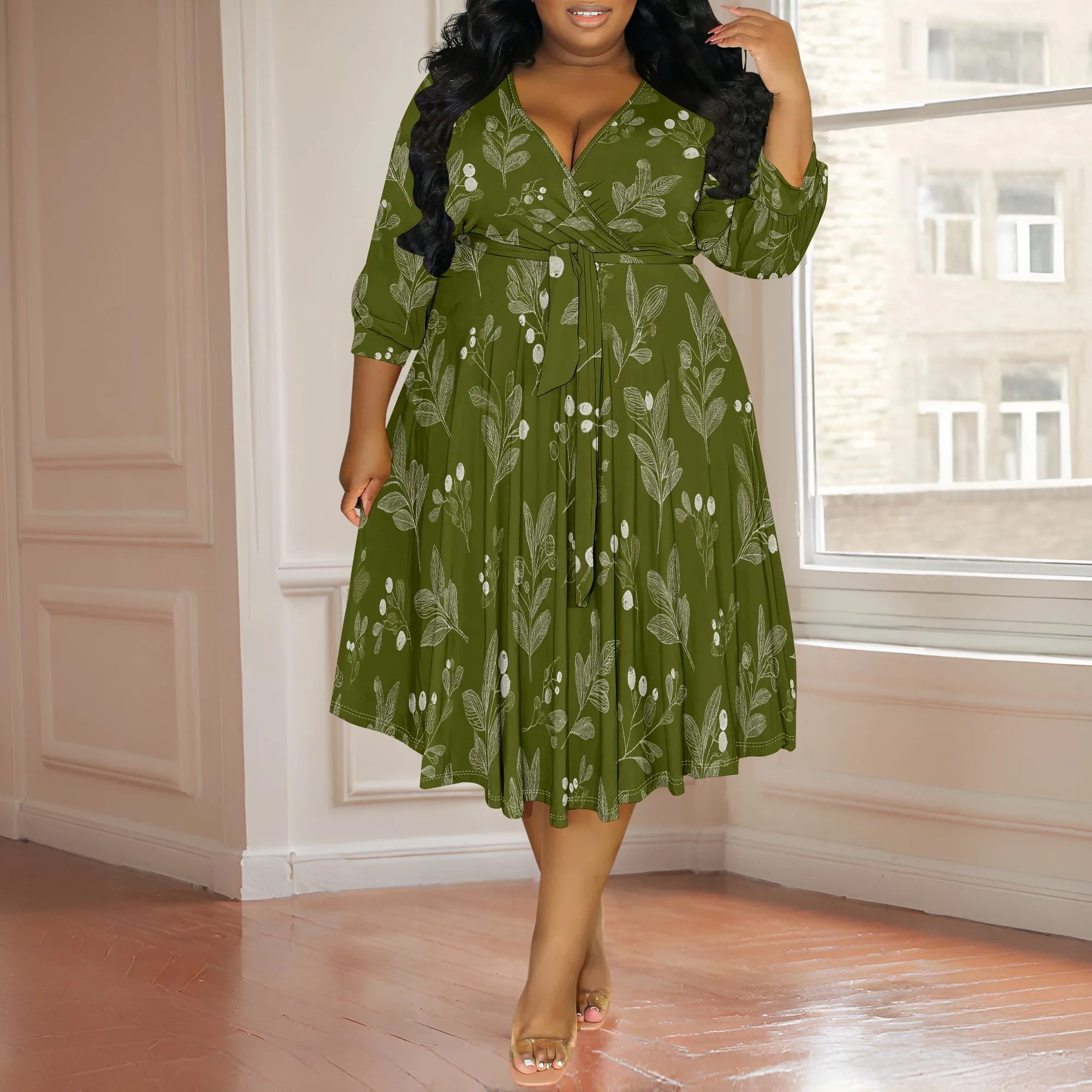 Robe Portefeuille Feuillage Olive