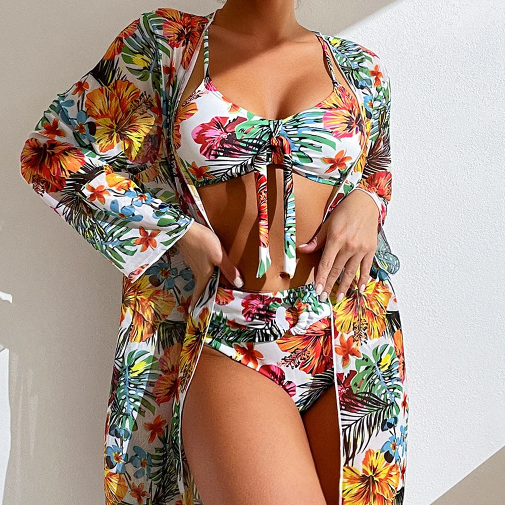 Floral Print Three Piece Bikini Set with Mesh Blouse