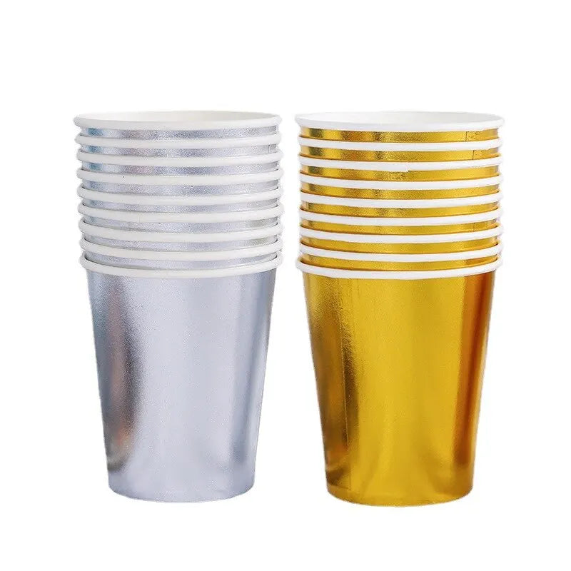 Pack of 10 elegant 250ml disposable golden paper cups, perfect for parties, events, and celebrations. Stylish and eco-friendly design for serving drinks in luxury