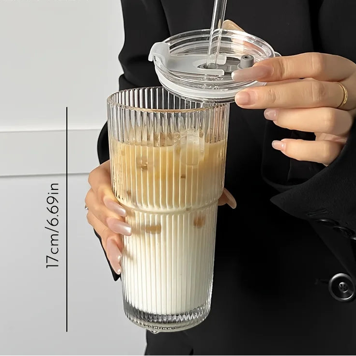 Tasse à Café en Verre Rayé 600 ml avec Couvercle