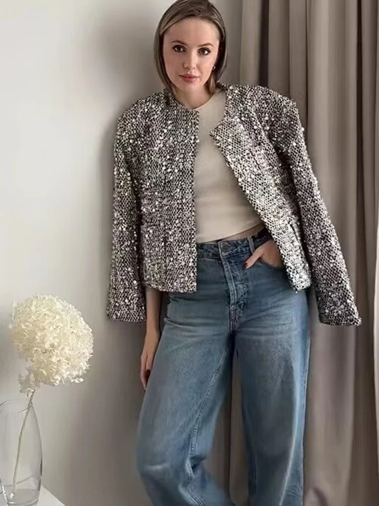 Veste courte chic en sequins argentés pour femmes