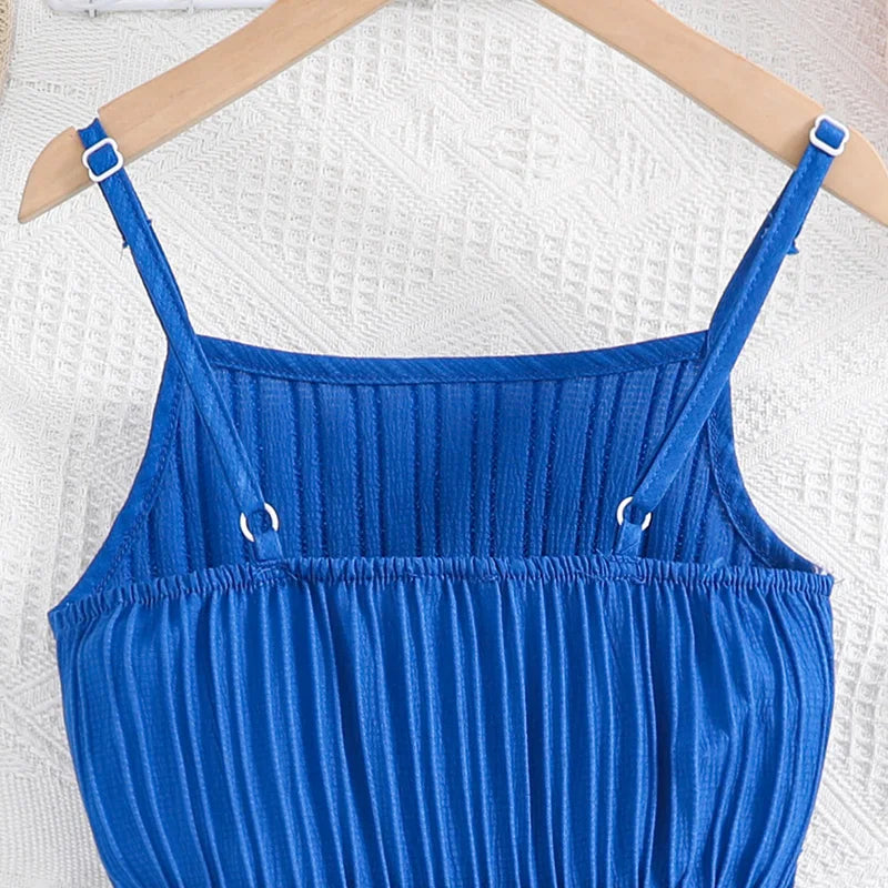 Blue backless summer dress with belt