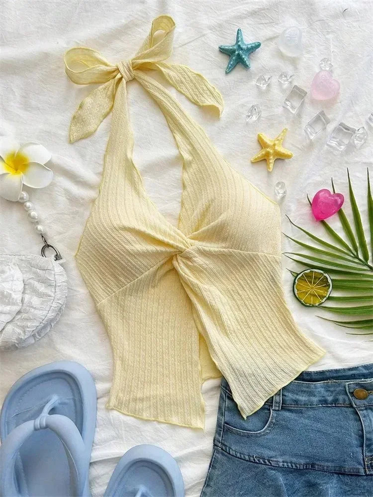 Yellow V-neck Halter Neck Top for Women Summer Y2K Clothes Sexy Sleeveless Backless Crop Top Streetwear