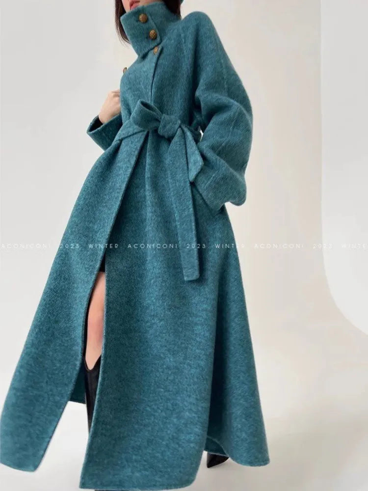 Long Blue Wool Coat with Stand-Up Collar