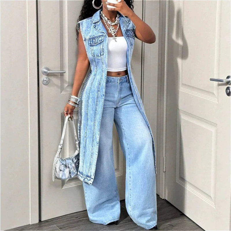 Gilet Long en Jean Femme Sans Manches