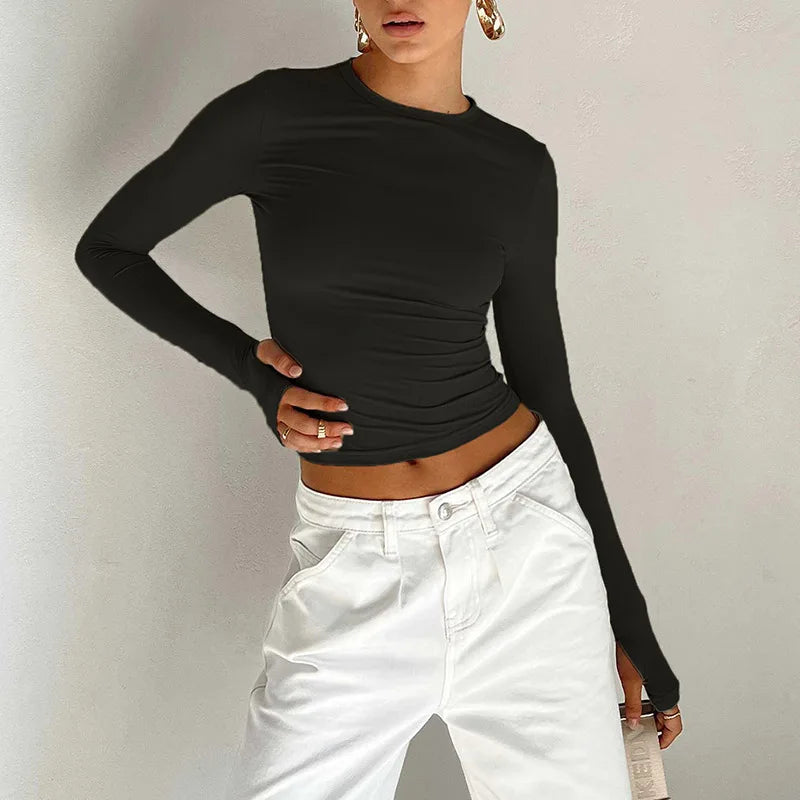 Crop Top Femme Slim Fit à Manches Longues