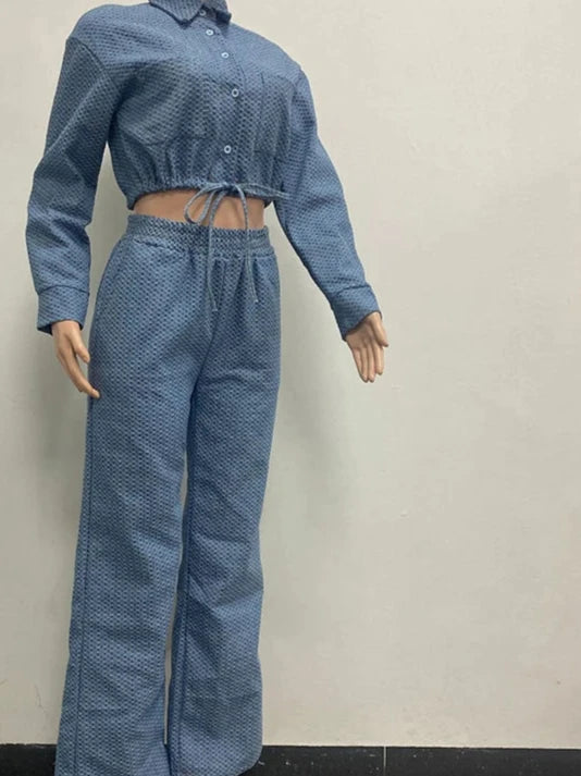 Two pieces in jeans wide pants and crop top jacket