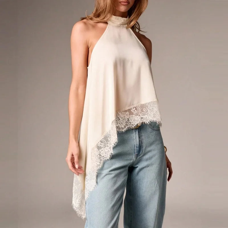 Top Halter à Col Montant Y2K pour Femme en Satin et Dentelle