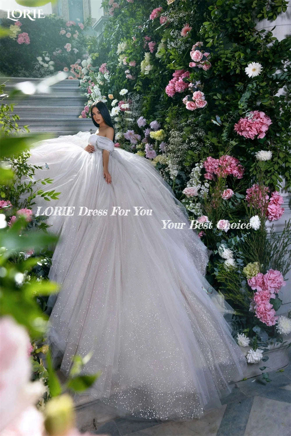 Puffy wedding dress in off-the-shoulder sequined tulle